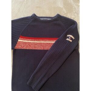 Vintage‎ Tommy Hilfiger Sweater Sz L Large Navy Red Stripe Knit 100% Cotton Y2K